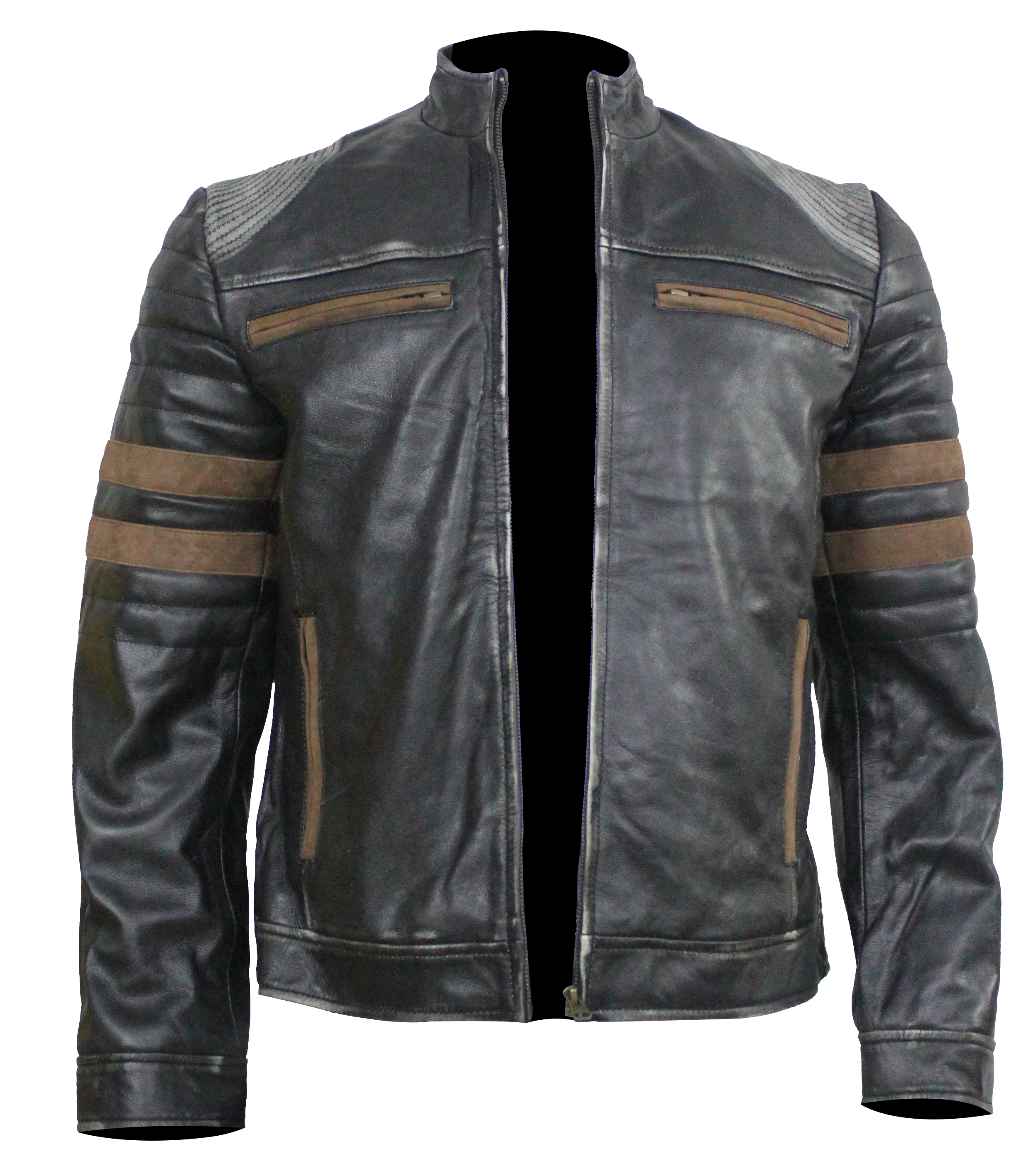 Brown Stripeped Black Leather Jacket - RockStar Jacket