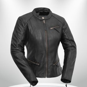 Fashionista Rockstar Women's Round Collar Motorcycle Leather Jacket front
