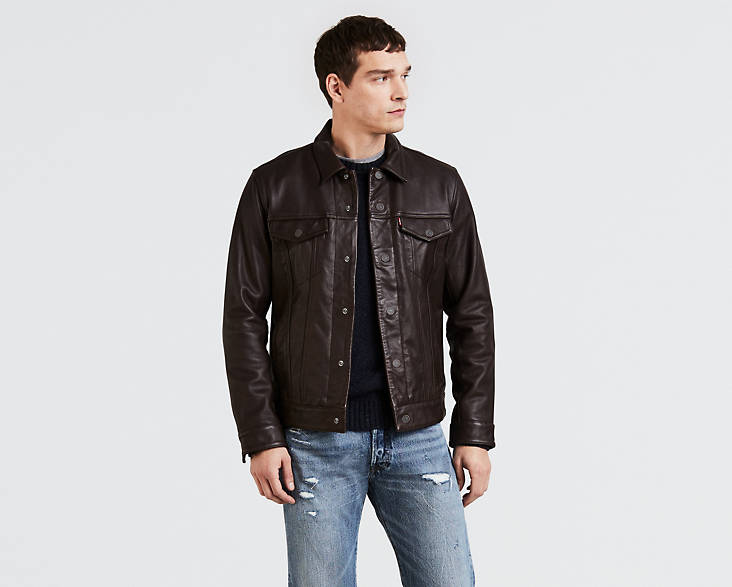 Levi's Dark Brown Trucker Shirt Collar Leather Jacket - RockStar Jacket
