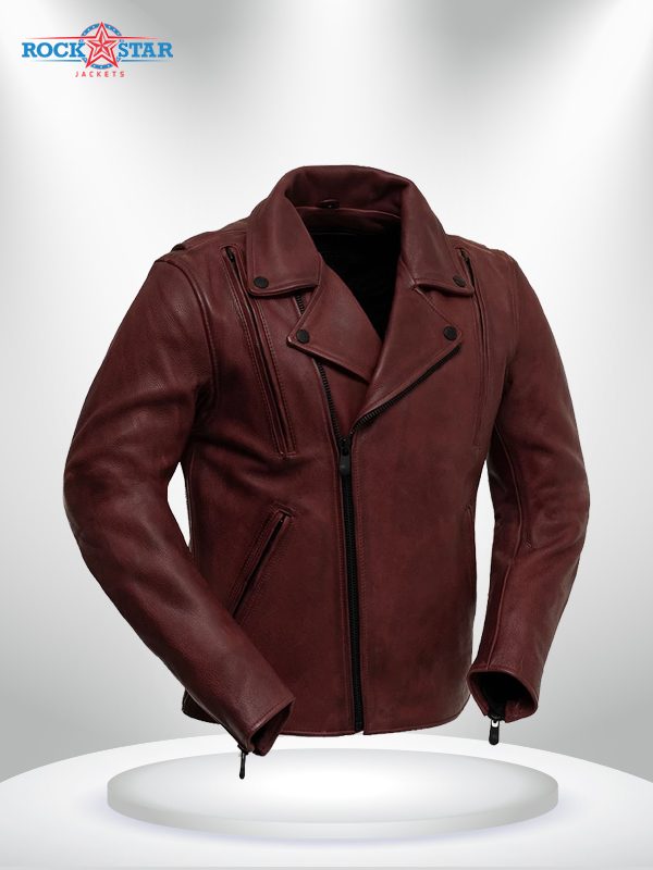 Night Rider Rockstar BlackMaroon Men’s Leather Motorcycle Jacket front