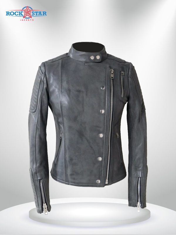 Warrior Princess Rockstar Women's Black & Grey Motorcycle Leather Jacket grey