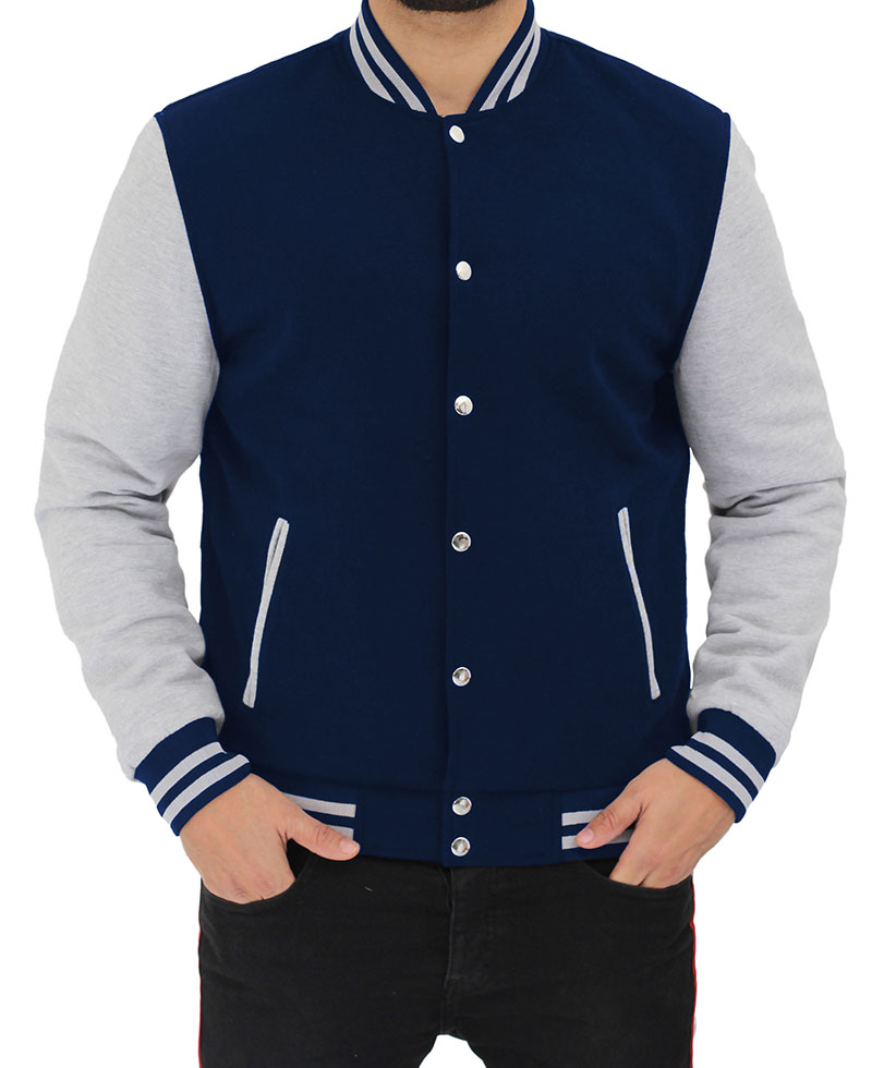 Navy Blue and Gray Varsity Fleece Jacket - RockStar Jacket