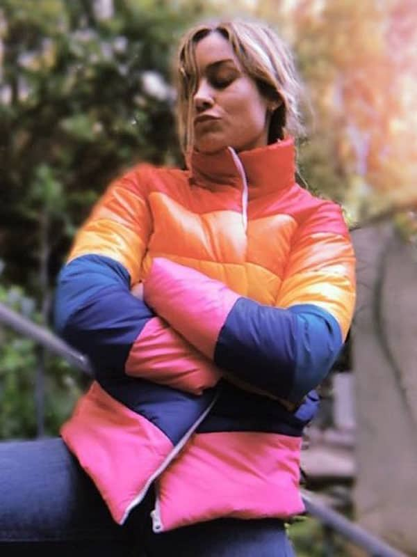 Brie Larson Celebrity Inspired Puffer Rainbow Jacket