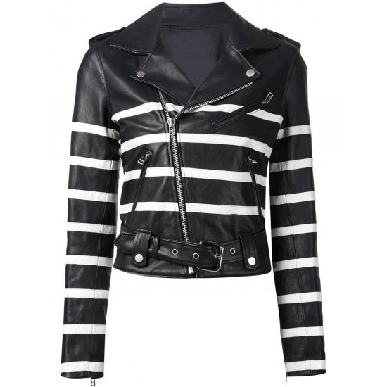 Black And White Striped Biker Leather Jacket