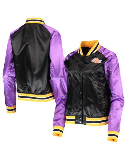 Los Angeles Lakers Black Hardwood Classics Raglan Satin Varsity Jacket