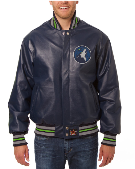 Minnesota Timberwolves Jh Design Navy Leather Logo Printed Jacket