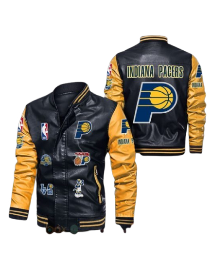 NBA Indiana Pacers Black Gold Logo Team Leather Bomber Jacket